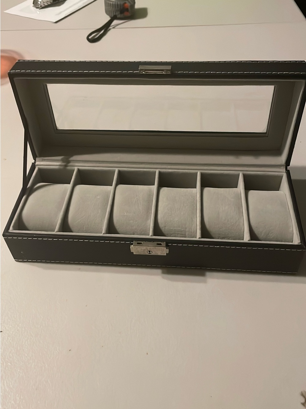 Black Leather 6-Slot Watch Storage Case with Gray Interior